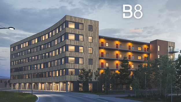 Illustrasjon av bygget B8 på Alta Sentrum i kveldslys