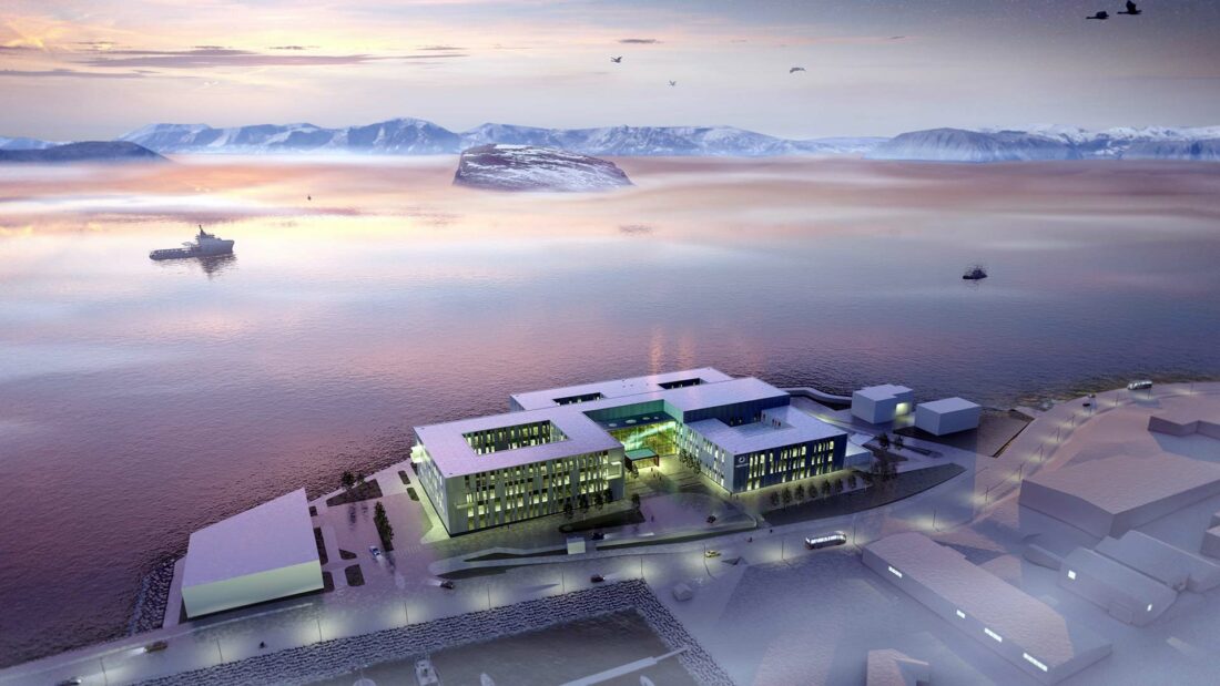 Illustrasjon av Nye Hammerfest Sykehus ved fjorden i skumringslys