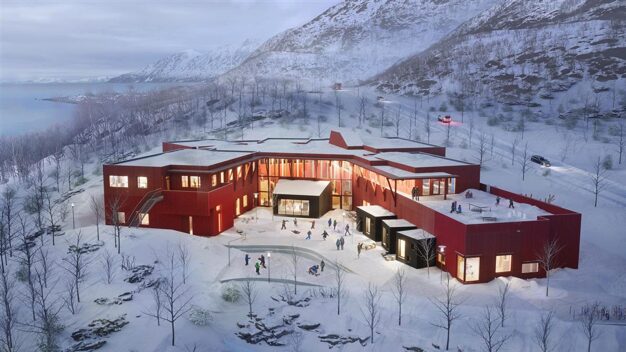 Illustrasjon av Skarven Læringssenter i snødekt fjellandskap